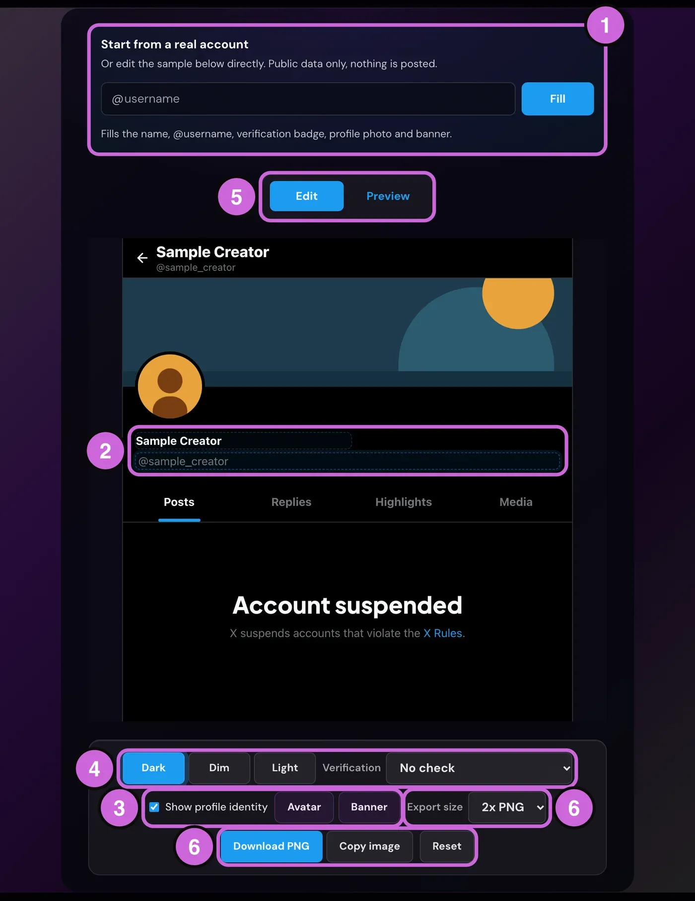 Annotated Account Suspension Screen Generator: 1 the Start from a real account panel; 2 the editable display name and handle; 3 the Show profile identity checkbox with Avatar and Banner buttons; 4 the Dark, Dim and Light themes and Verification menu; 5 the Edit and Preview toggle; 6 the Export size menu with Download PNG, Copy image and Reset.