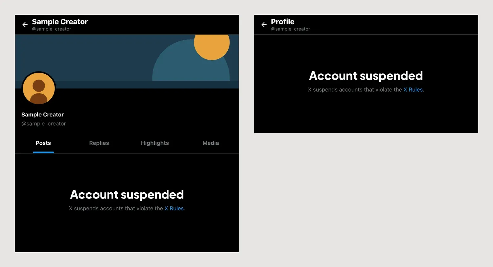 Two real 2x PNG downloads side by side: the full-profile layout with banner, avatar, name, handle and tabs above the Account suspended notice, and the shorter compact layout with only a Profile top bar and the notice.