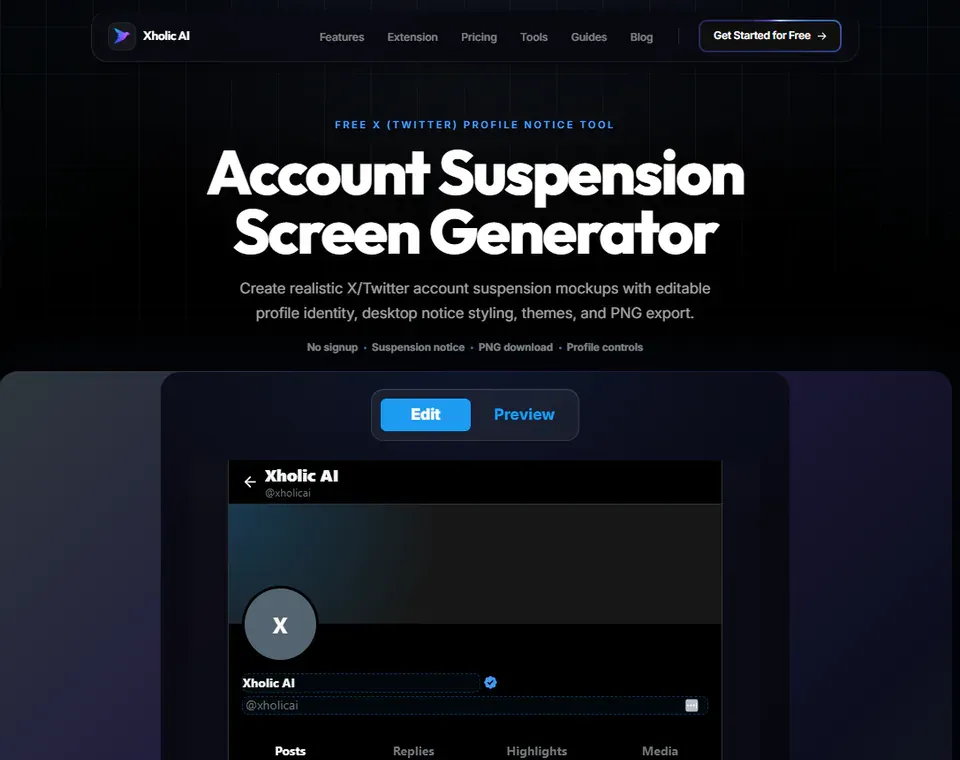 Account Suspension Screen Generator interface for a suspended X account mockup.
