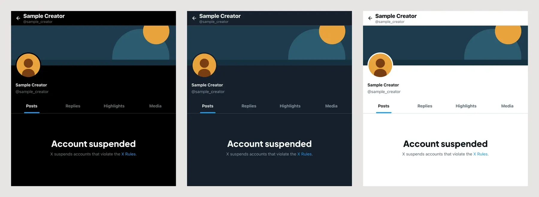 The same Sample Creator suspended-account mockup in Dark, Dim and Light themes, side by side.