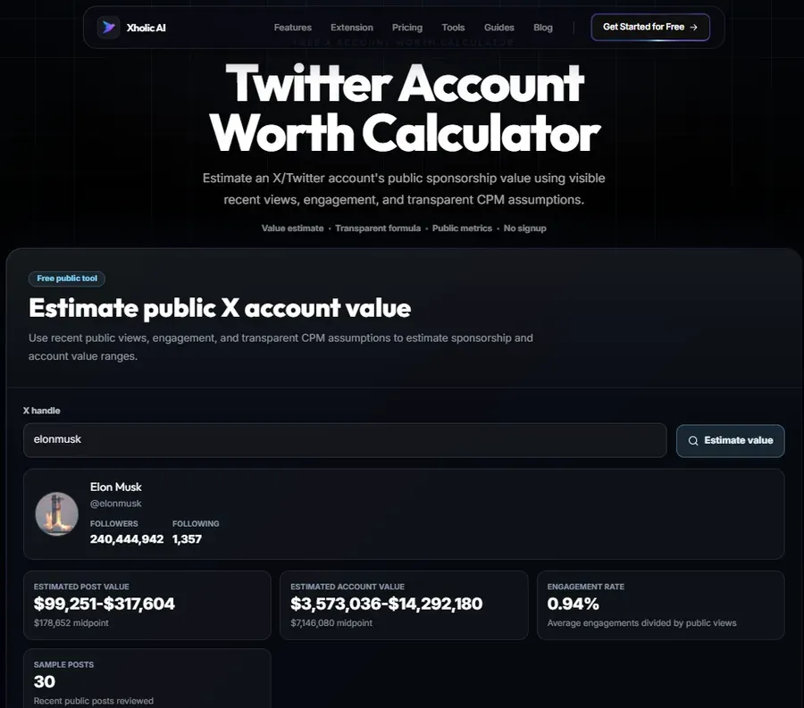 Xholic AI Twitter Account Worth Calculator interface showing estimated post and account value.