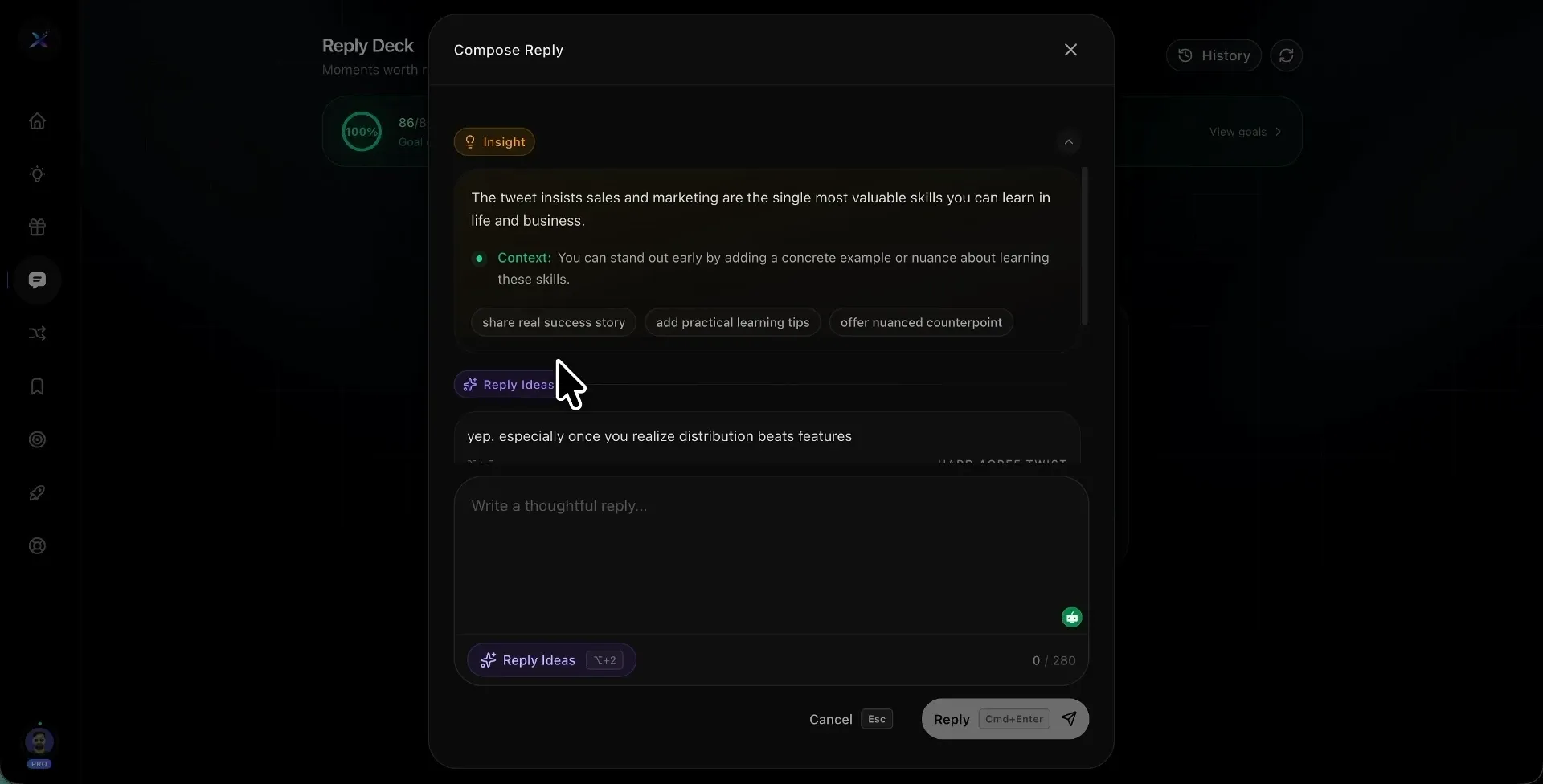 Xholic AI Reply Composer preview for drafting contextual replies inside an X workflow.