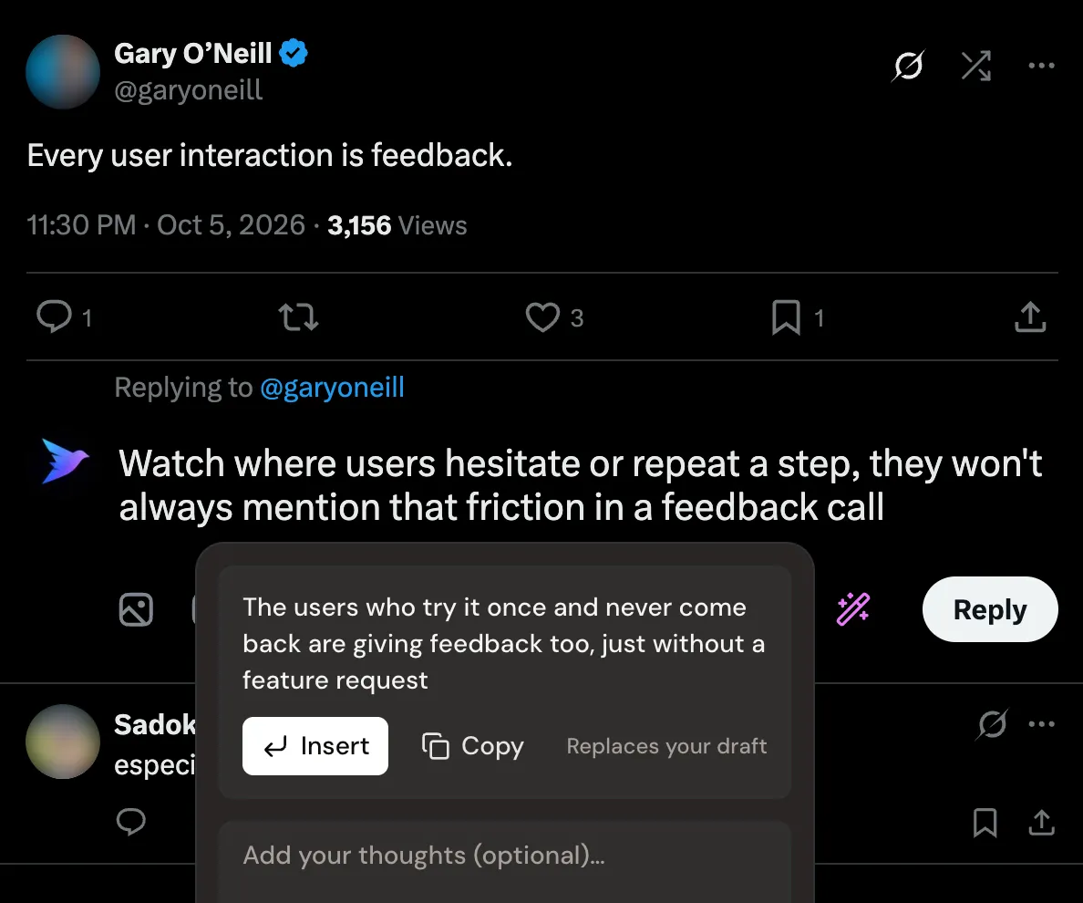 The Xholic reply wand's suggested reply under an X reply box, with Insert and Copy buttons; you still press Reply yourself.