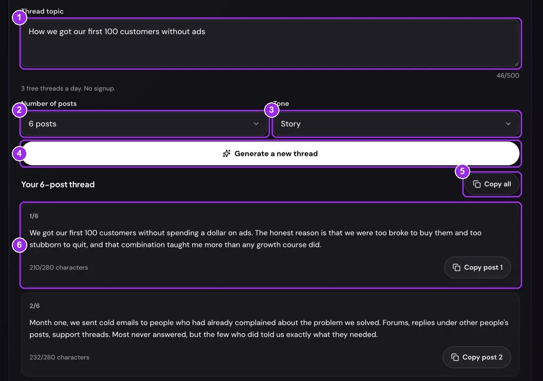 Annotated AI Thread Generator: 1 Thread topic; 2 Number of posts; 3 Tone; 4 Generate thread; 5 Copy all; 6 a numbered post with its character count and Copy post button.