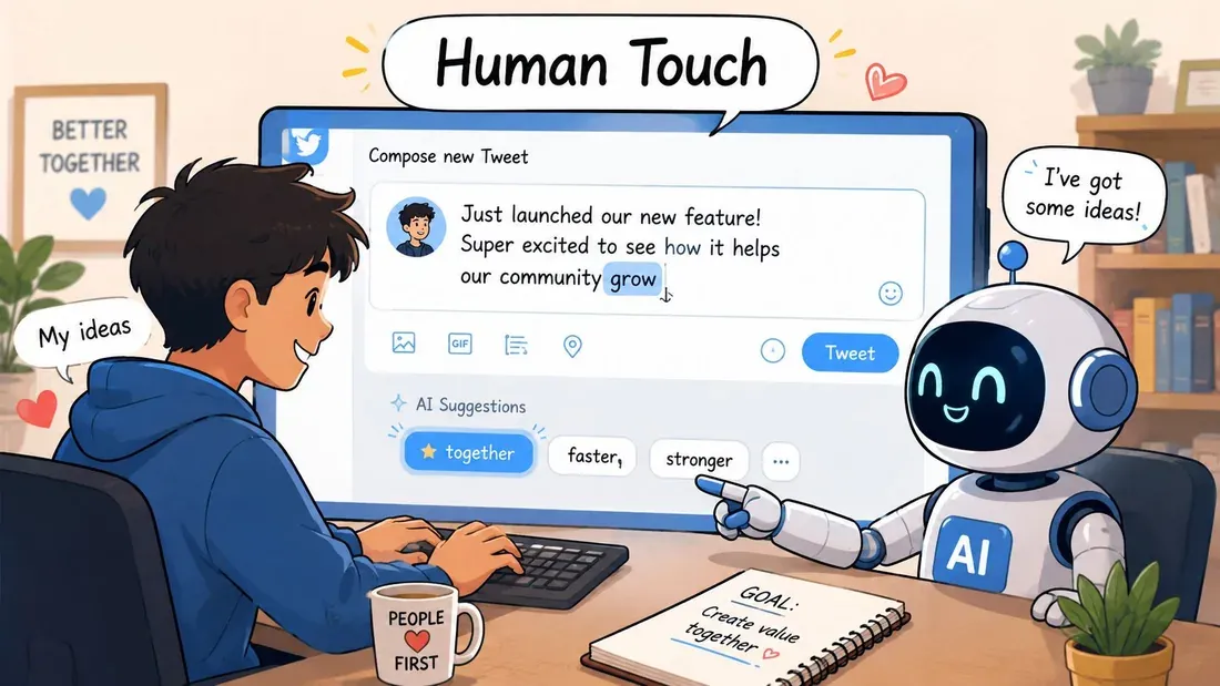 A young person using a computer to write a tweet with AI suggestions and collaboration support.