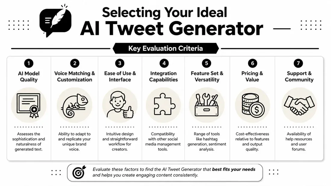 An infographic titled Selecting Your Ideal AI Tweet Generator, highlighting seven key evaluation criteria for AI tools.