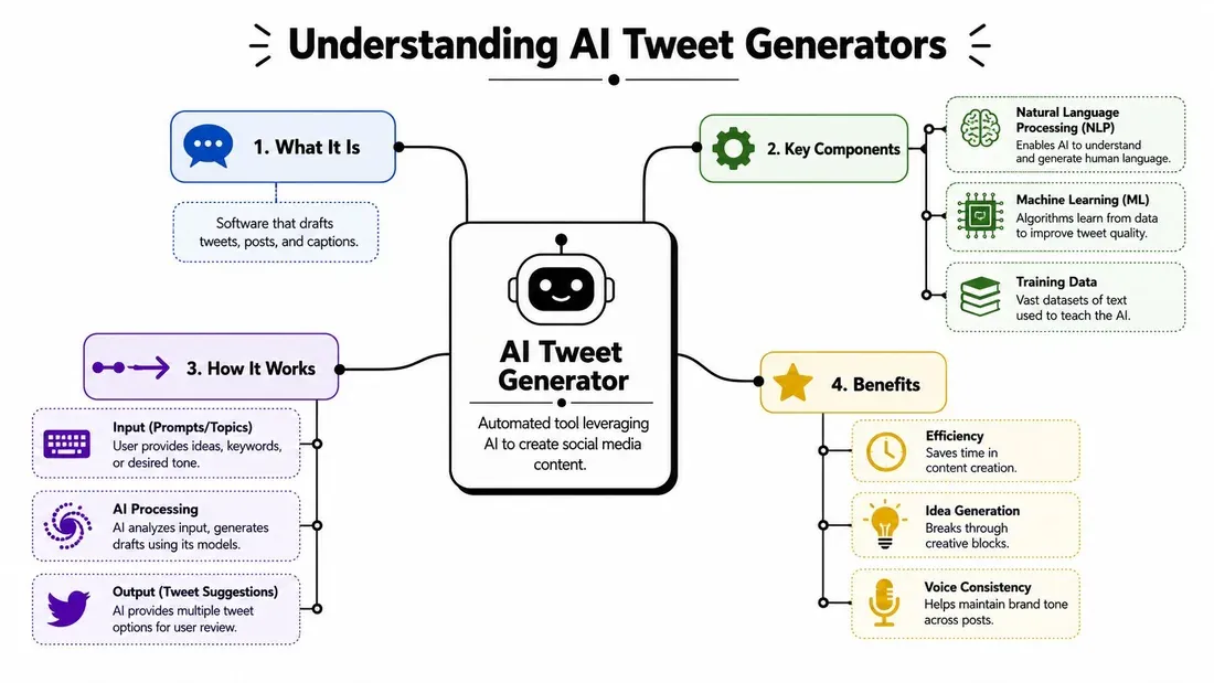 An infographic mind map explaining how AI tweet generator tools work, their key components, and benefits.