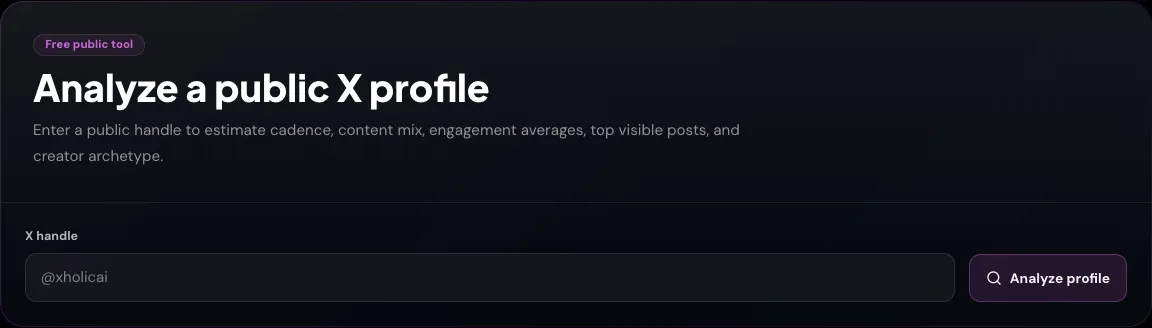 Xholic X Profile Analytics input asking for a public X handle