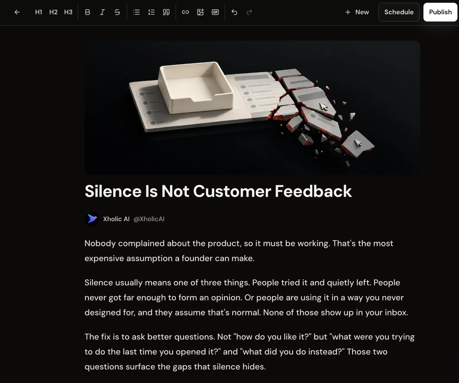 Writing an X Article in Xholic with an AI-generated cover image, title, and Schedule and Publish buttons.