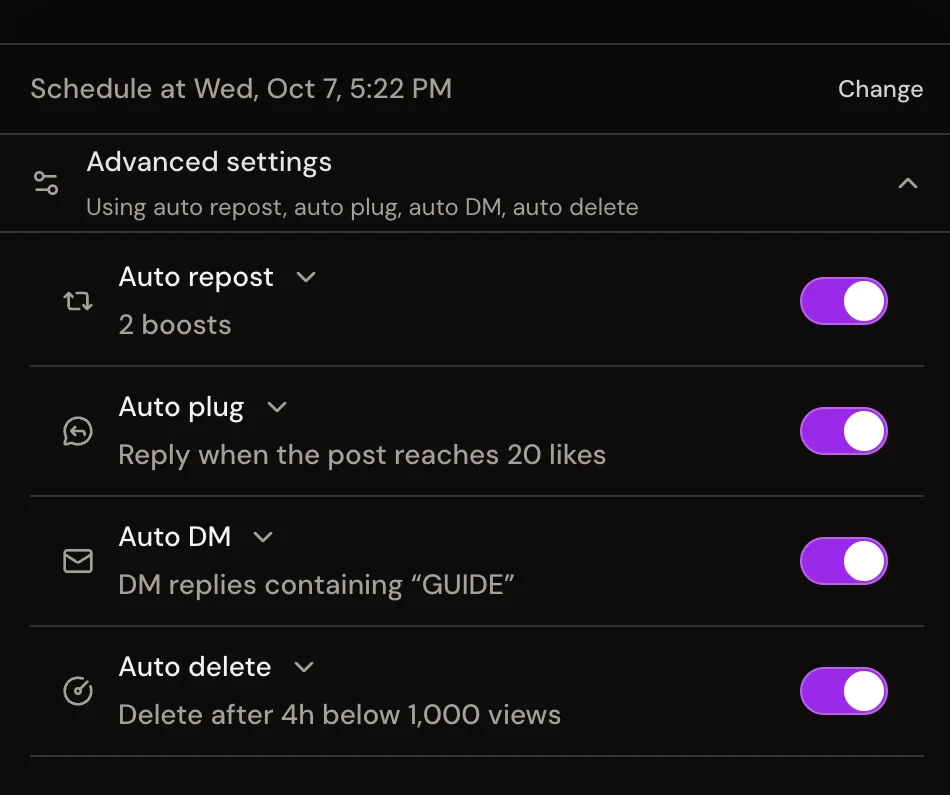 Automation settings on a scheduled post: auto repost, auto plug at 20 likes, auto DM for replies containing a keyword, and auto delete.