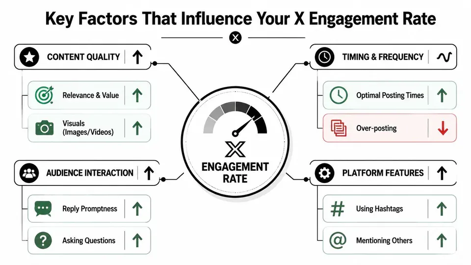 A diagram outlining key factors that influence X engagement rates, including content, timing, interaction, and features.