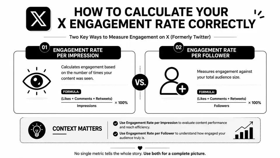 An infographic showing two formulas to calculate X engagement rate per impression and per follower.