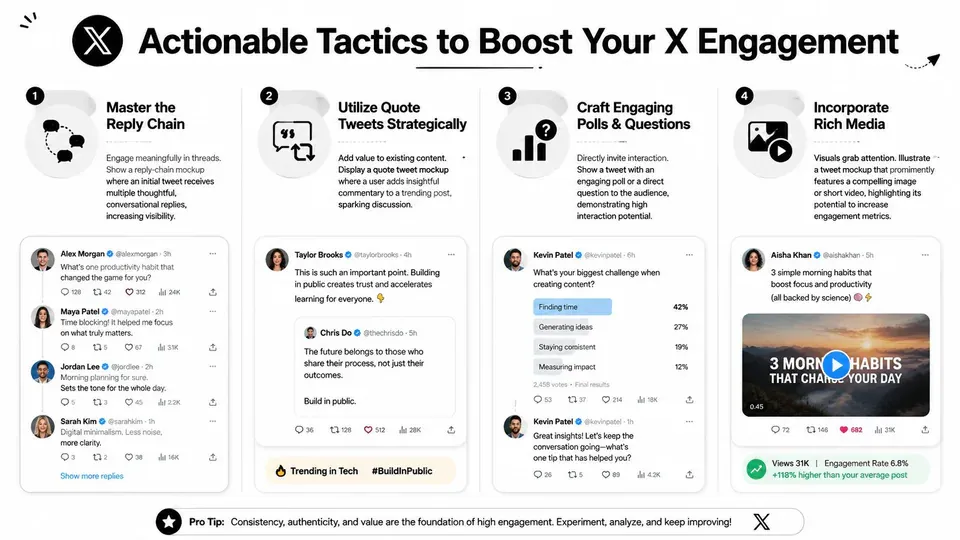 An infographic titled Actionable Tactics to Boost Your X Engagement showcasing four strategies for increasing social media interactions.