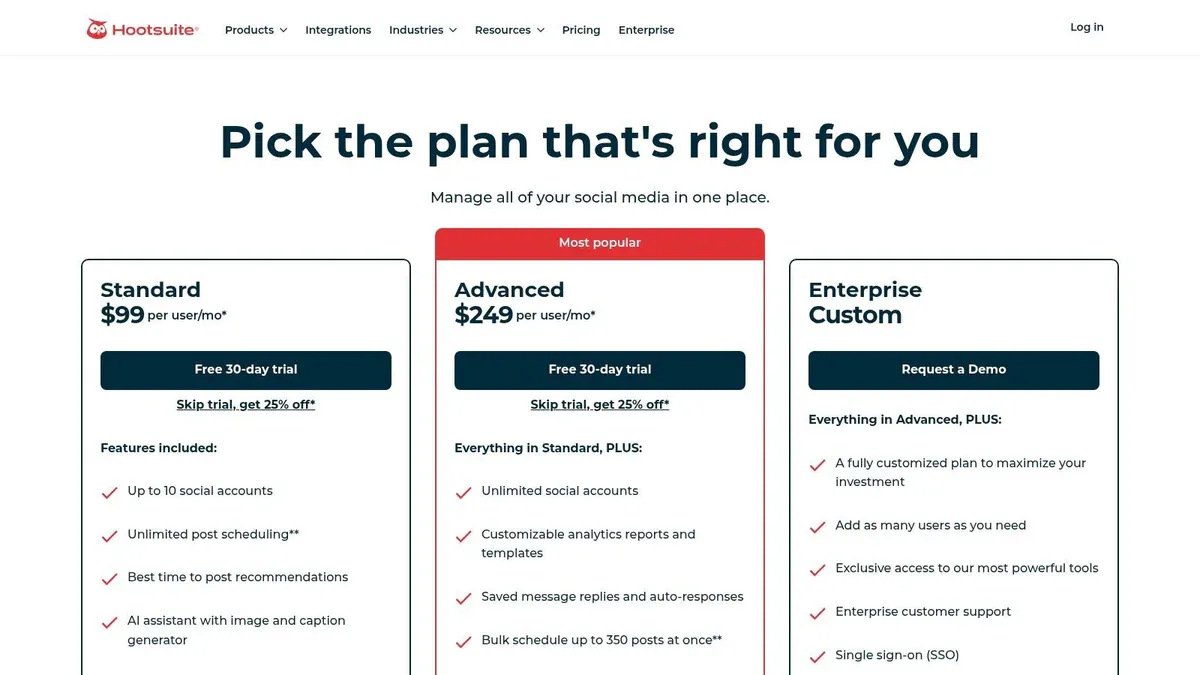 Hootsuite social media scheduling pricing plans