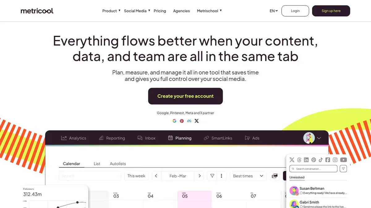 Metricool social media scheduling analytics dashboard