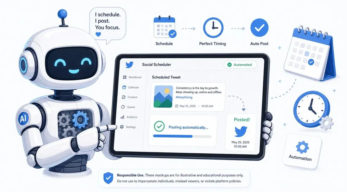 A friendly AI robot holds a digital tablet displaying an automated social media tweet scheduling dashboard interface.