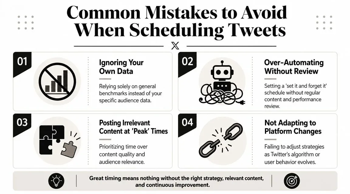 An infographic detailing four common mistakes to avoid when scheduling tweets for better social media engagement.