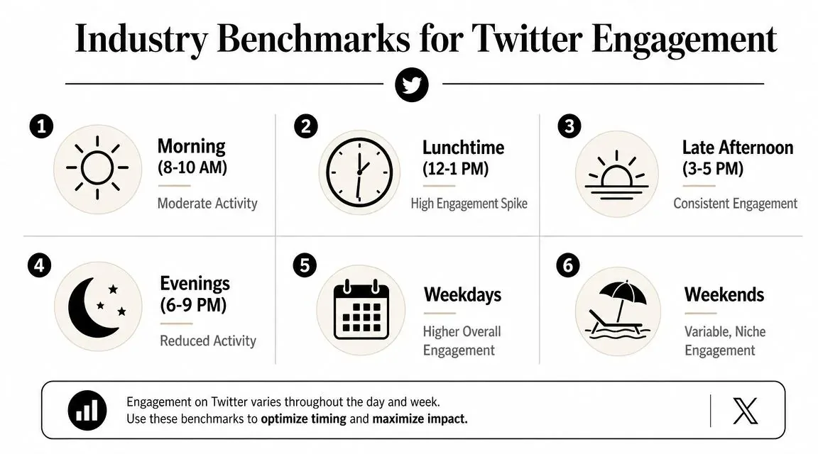 An infographic showing optimal times and days for Twitter engagement, including morning, lunchtime, and weekend patterns.