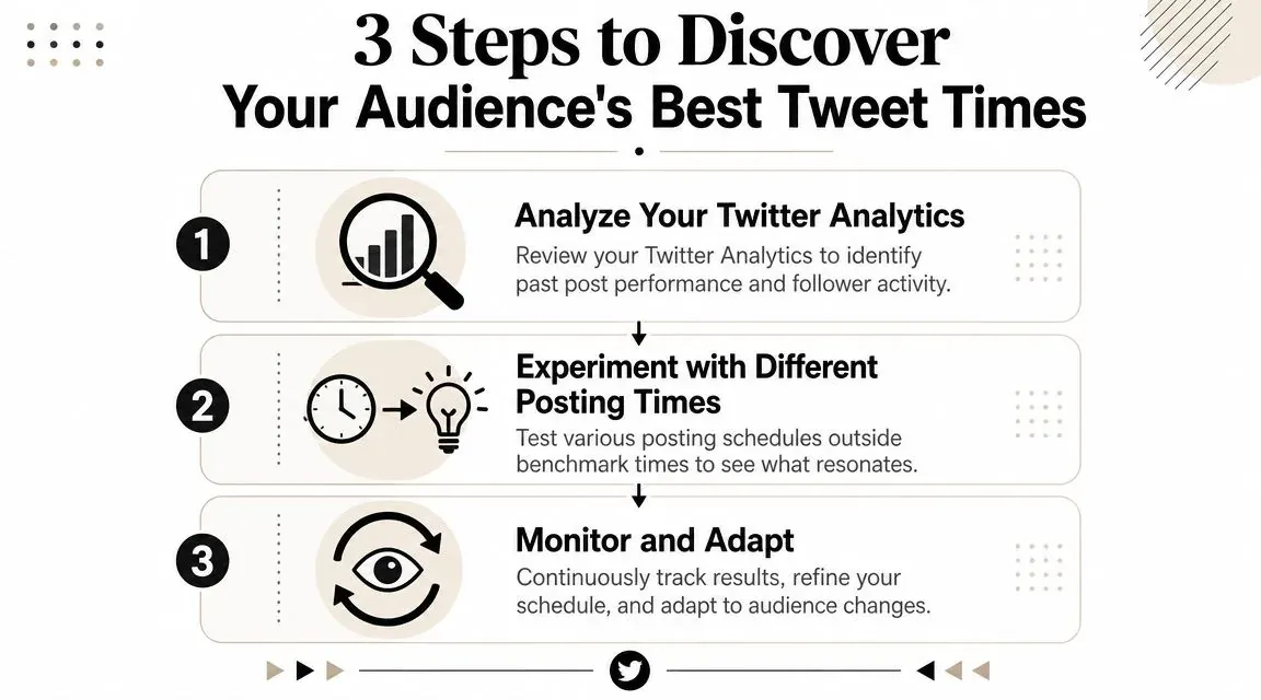 A simple 3-step infographic on how to discover the best times to post on Twitter for engagement.