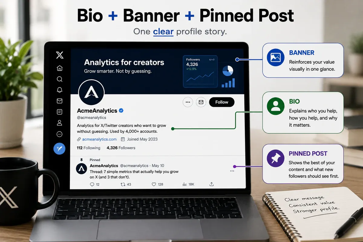 X profile showing how the bio, banner, and pinned post support one clear profile story.
