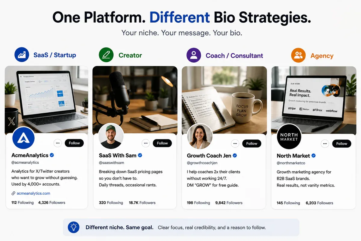 Four X bio strategies for SaaS brands, creators, coaches, and agencies.
