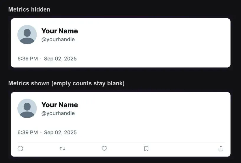 Two previews of the same blank tweet card: with metrics hidden, and with metrics shown as icons with empty counts.