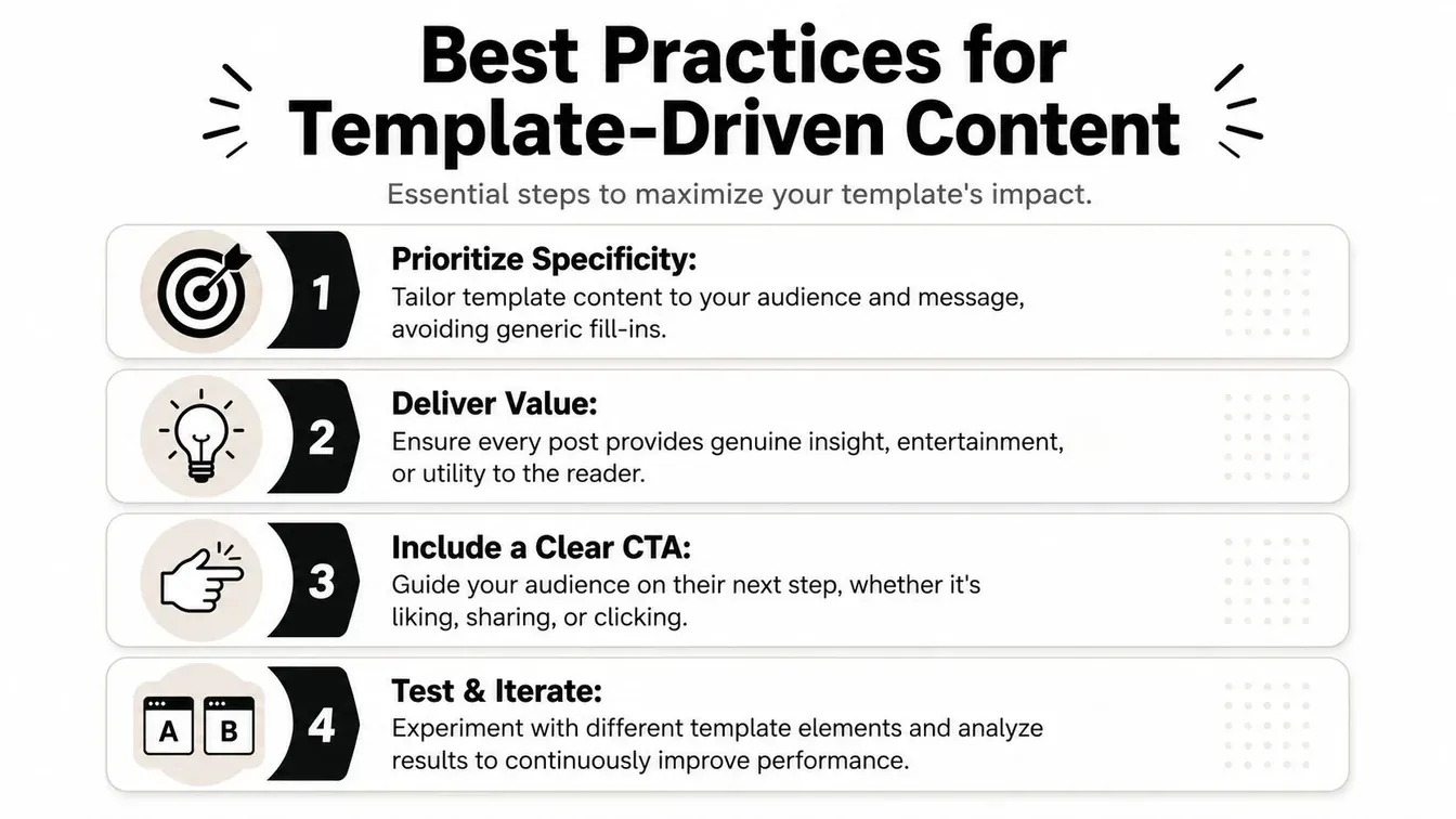 An infographic titled Best Practices for Template-Driven Content listing four essential steps for content creation success.