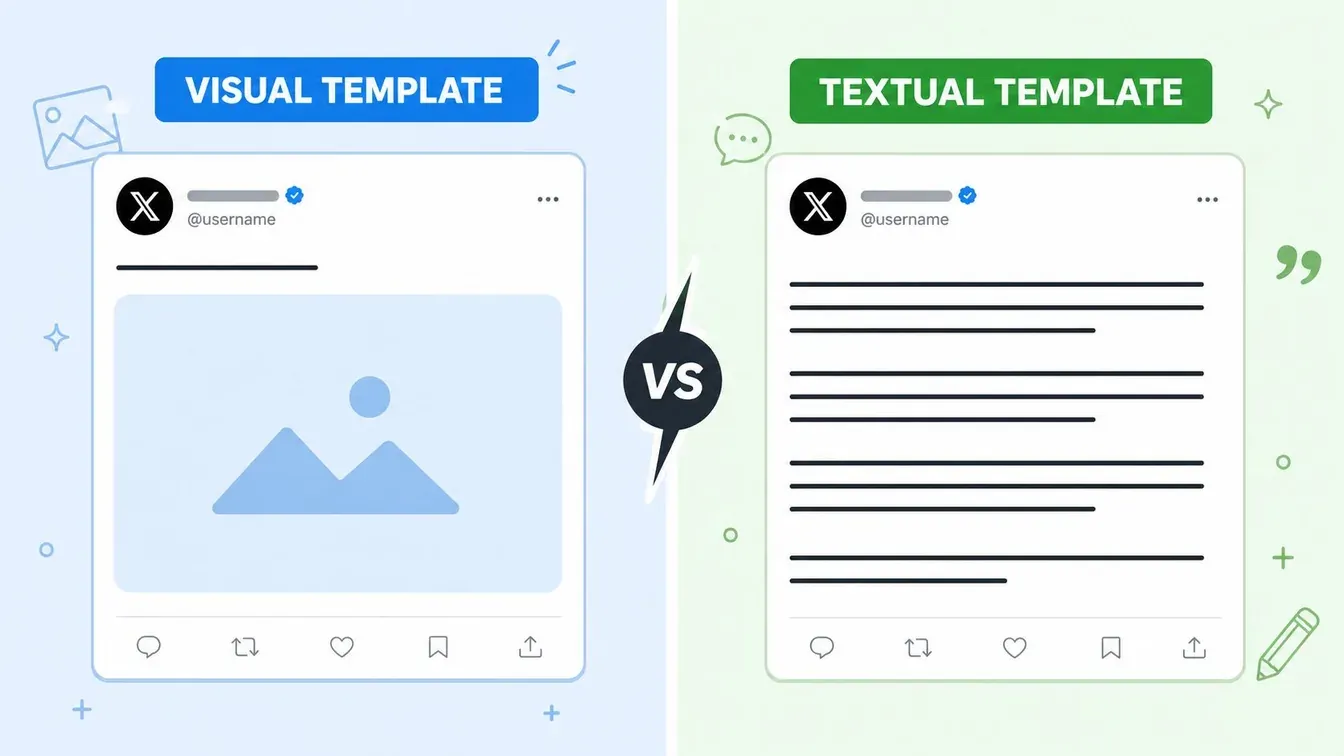 A comparison graphic showing a visual Twitter post template versus a textual Twitter post template design.