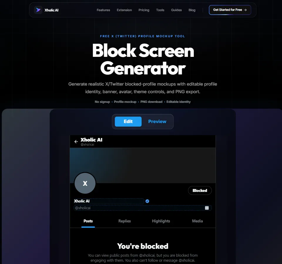 Block Screen Generator interface showing a blocked profile mockup.