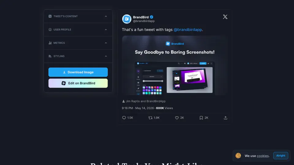 BrandBird fake tweet generator interface with design controls and tweet preview