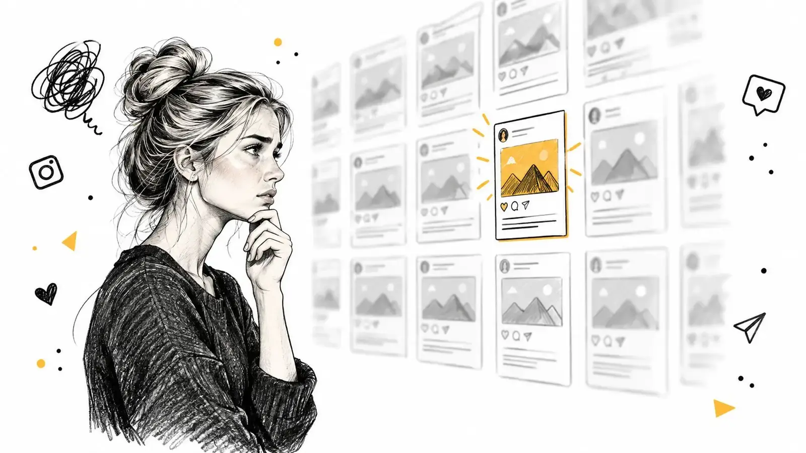 A sketched woman looking thoughtfully at a grid of social media posts with one highlighted post.
