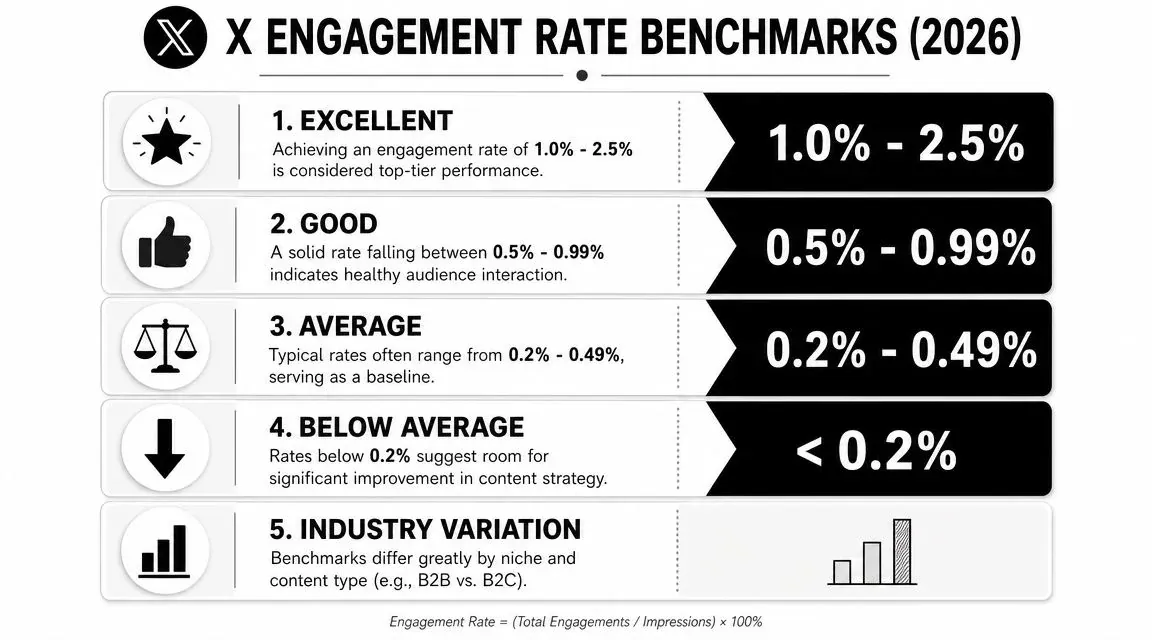 A chart showing X engagement rate benchmarks for 2026, categorized from excellent to below average performance.
