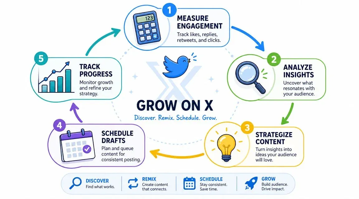 A circular infographic showing a five-step process to help users grow their presence on X social media.