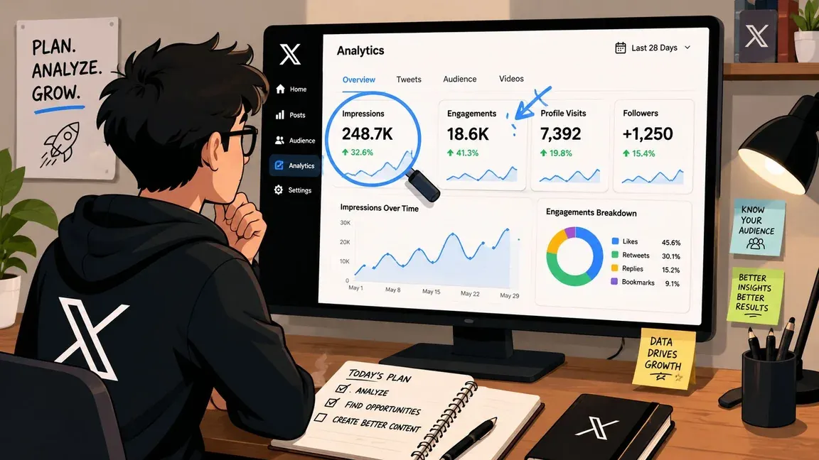 A digital creator analyzing social media performance metrics on a computer screen in a cozy workspace.