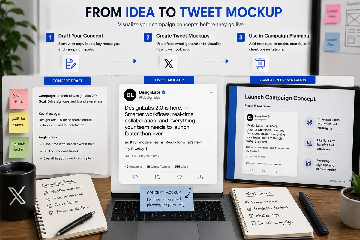 Three-step workflow from campaign idea to labeled tweet mockup and client presentation.