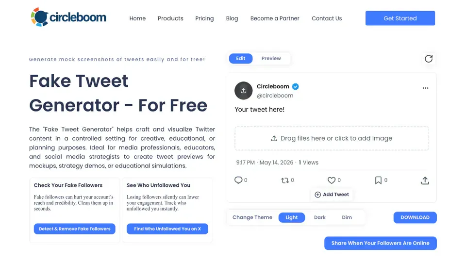 Circleboom fake tweet generator page with editable tweet preview
