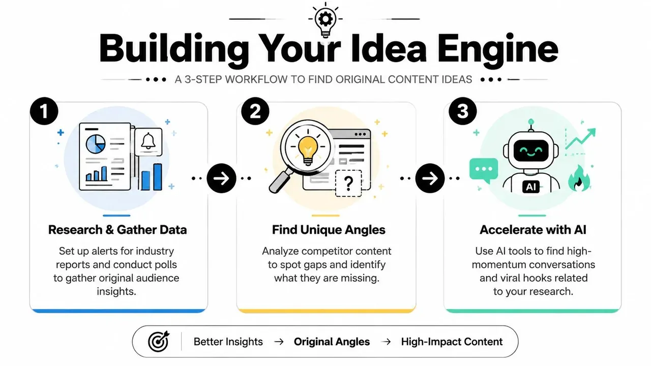 A diagram illustrating a three-step workflow for building an idea engine for original content creation.