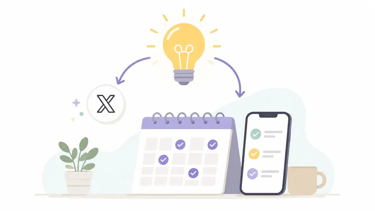 A digital illustration showing the content ideation process involving a lightbulb, a social media icon, a calendar, and a phone.