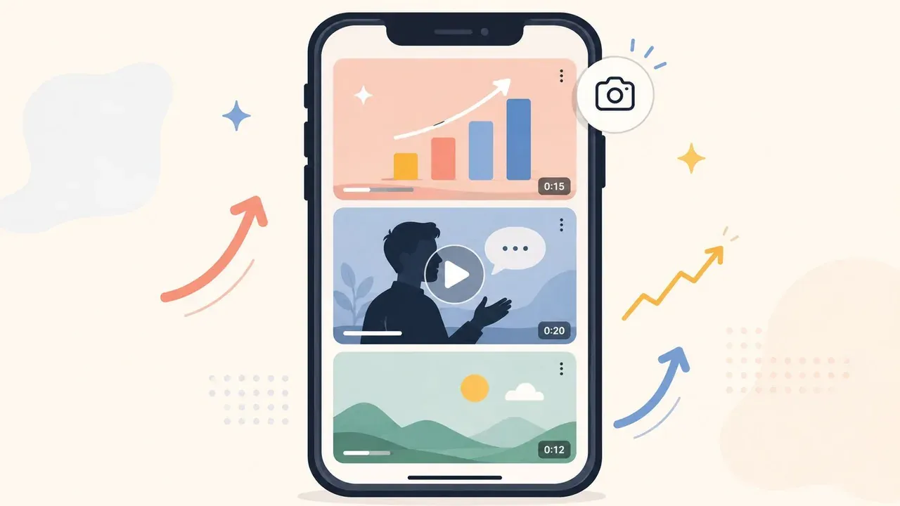 A smartphone screen displaying a feed of video content with icons and growth charts in a modern design.