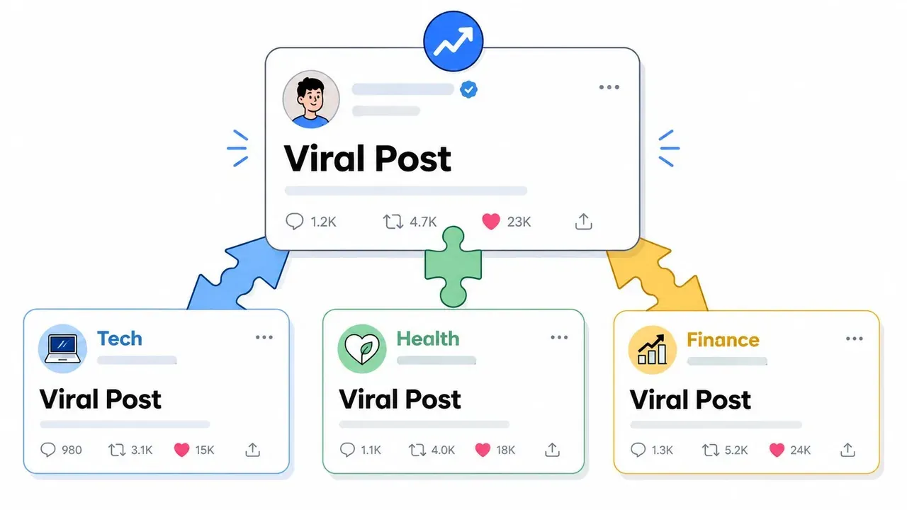 A graphic illustration showing a main viral post connected to tech, health, and finance topic categories.