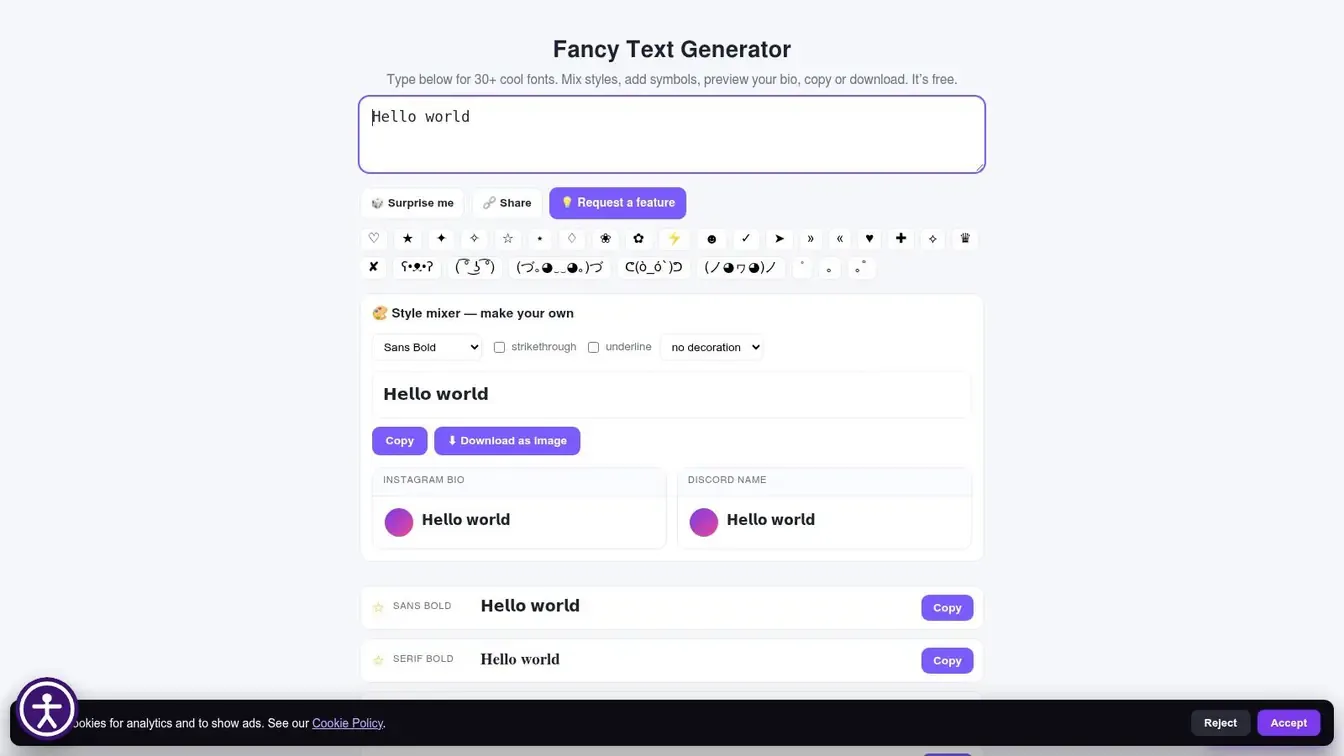 CoolFancyText.com generator showing categorized text styles and previews.