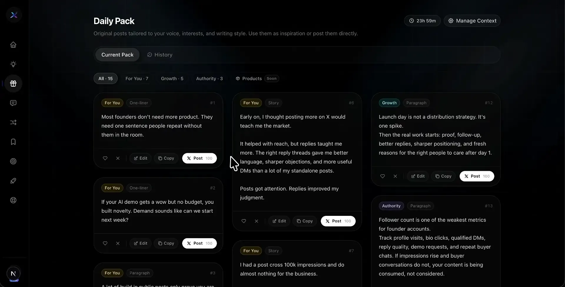 Xholic Daily Pack preview showing a batch of post ideas generated for a creator's voice.