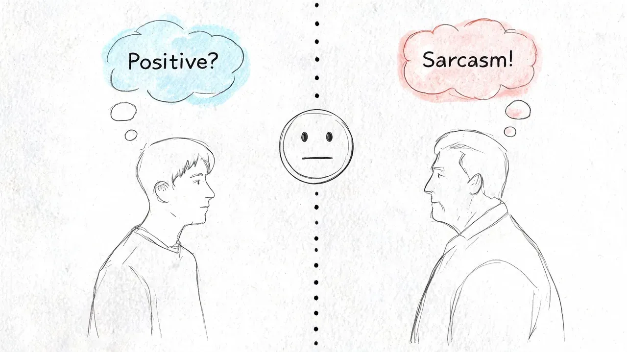 A conceptual line drawing of two people looking at an ambiguous emoji face with different interpretations.