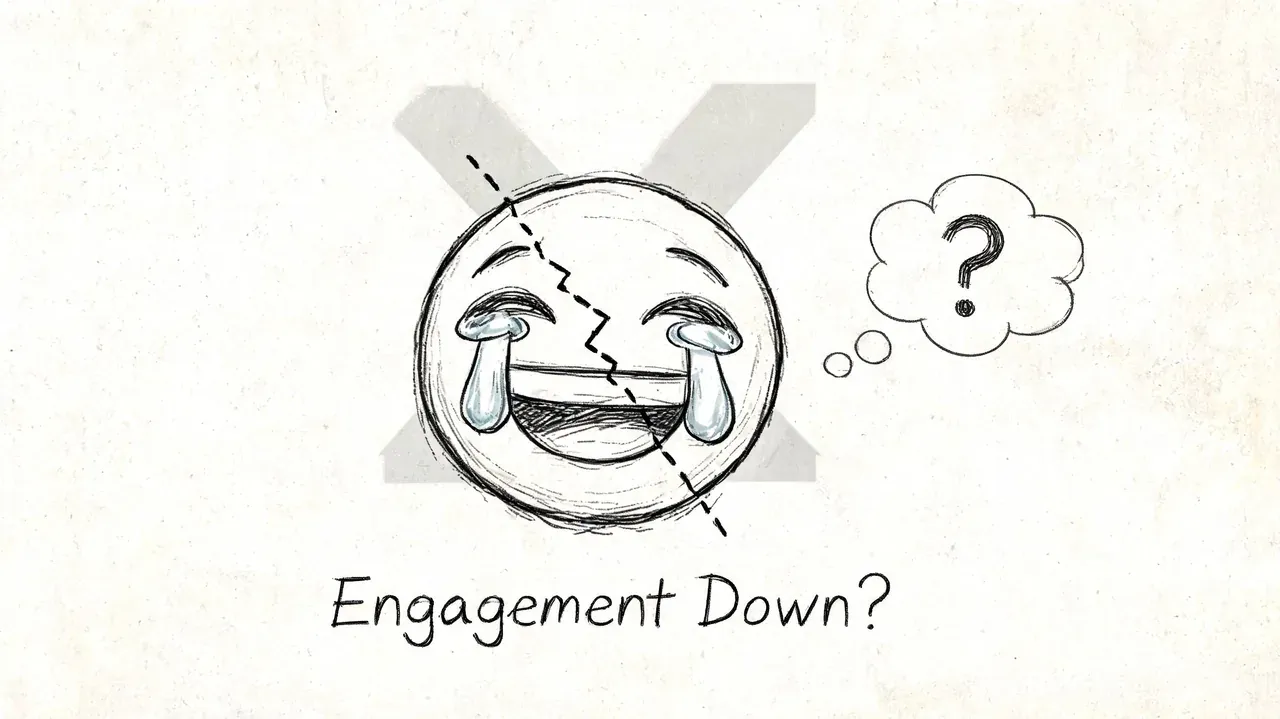 A sketched laughing crying emoji with a question mark thought bubble and the text Engagement Down.