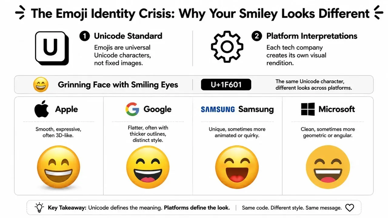 An infographic explaining why emojis appear differently across platforms like Apple, Google, Samsung, and Microsoft.