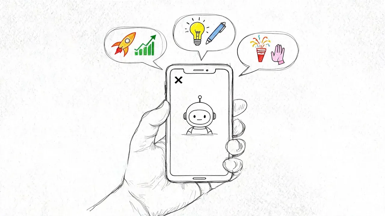 A hand-drawn illustration of a hand holding a smartphone displaying a friendly robot avatar with thought bubbles.