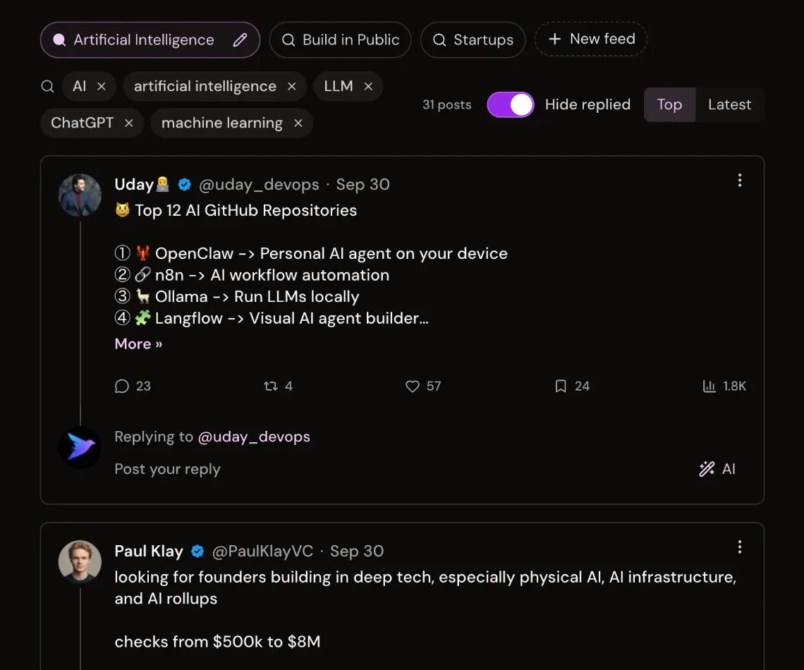 Xholic Engage feed built from AI keywords, showing matching X posts with a Hide replied toggle and an AI button in the reply box.