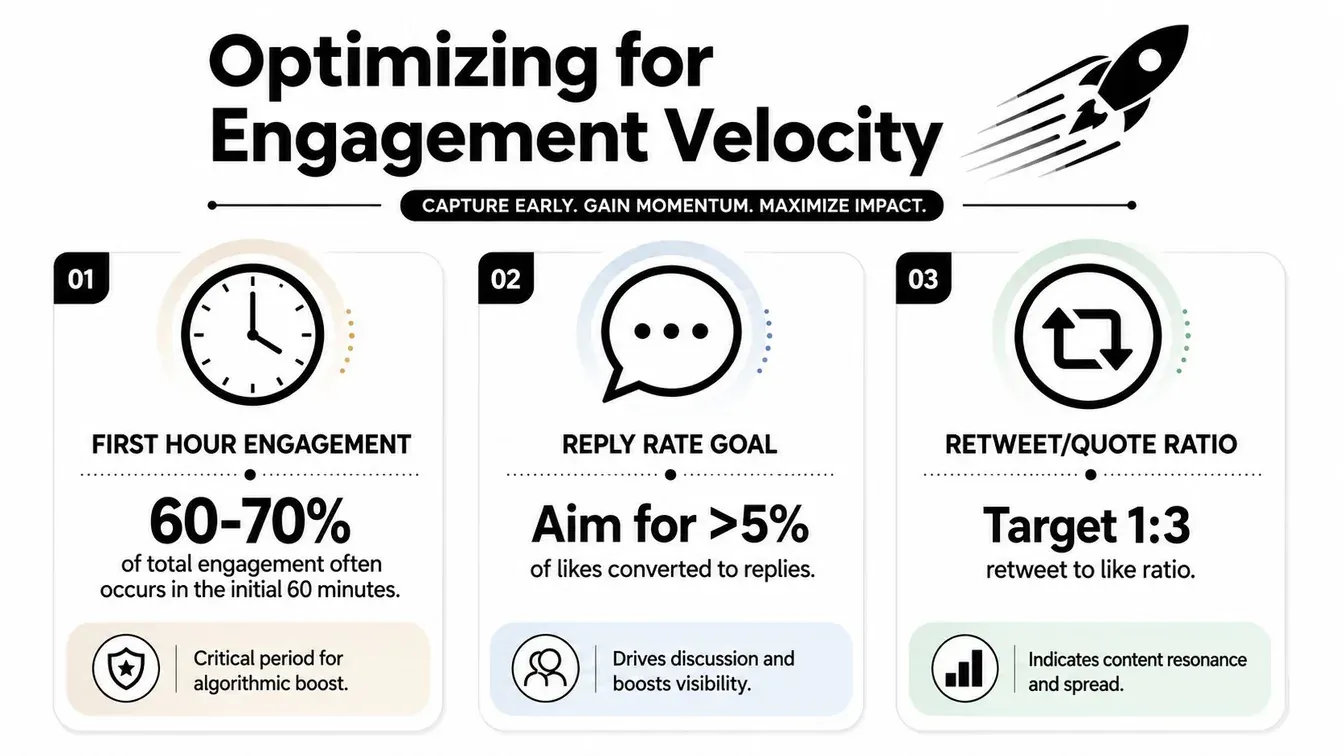 An infographic detailing strategies to increase engagement velocity for viral tweets, including timing, replies, and ratios.