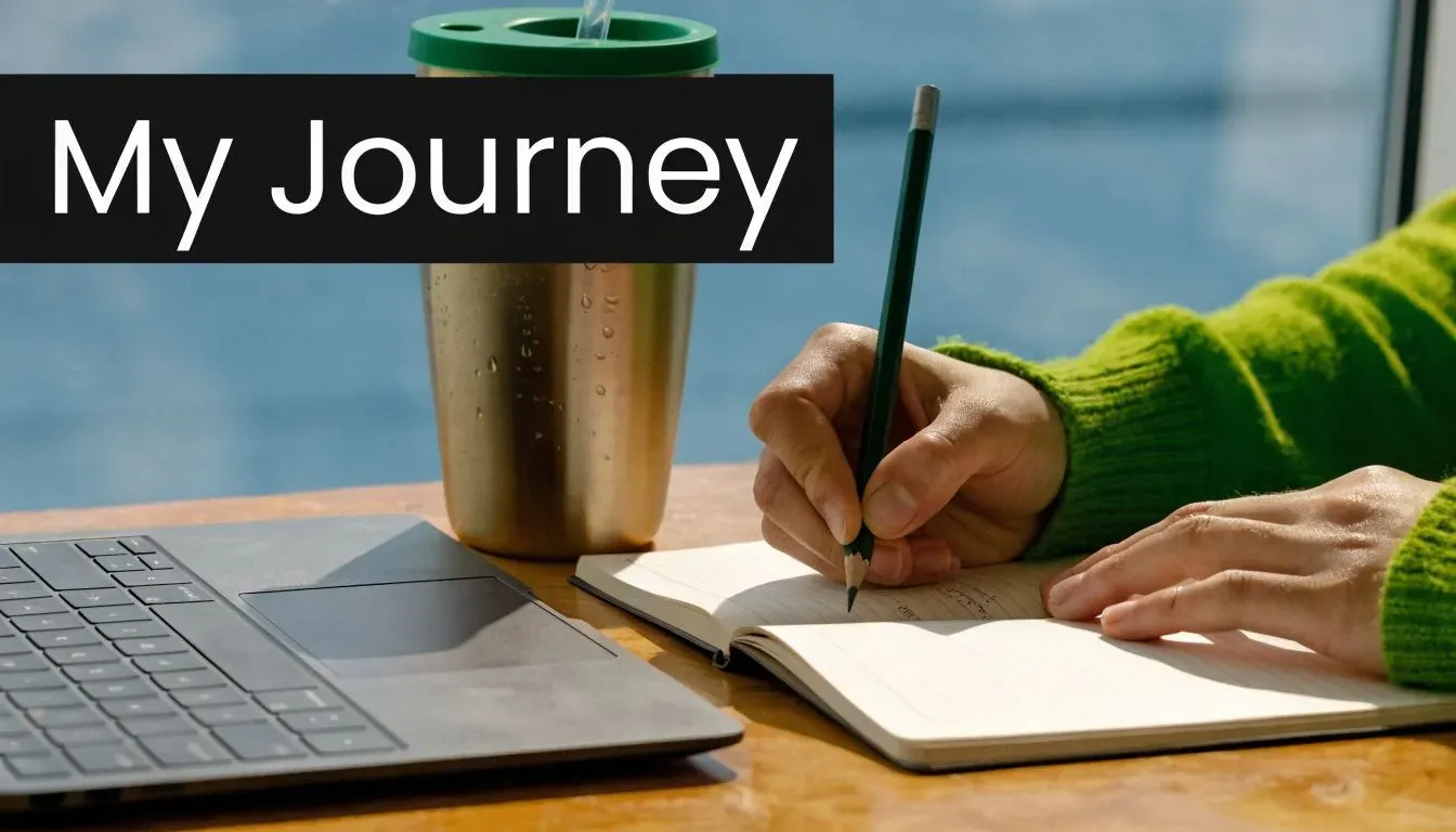 A person writing in a notebook with a pencil next to a laptop and a tumbler.