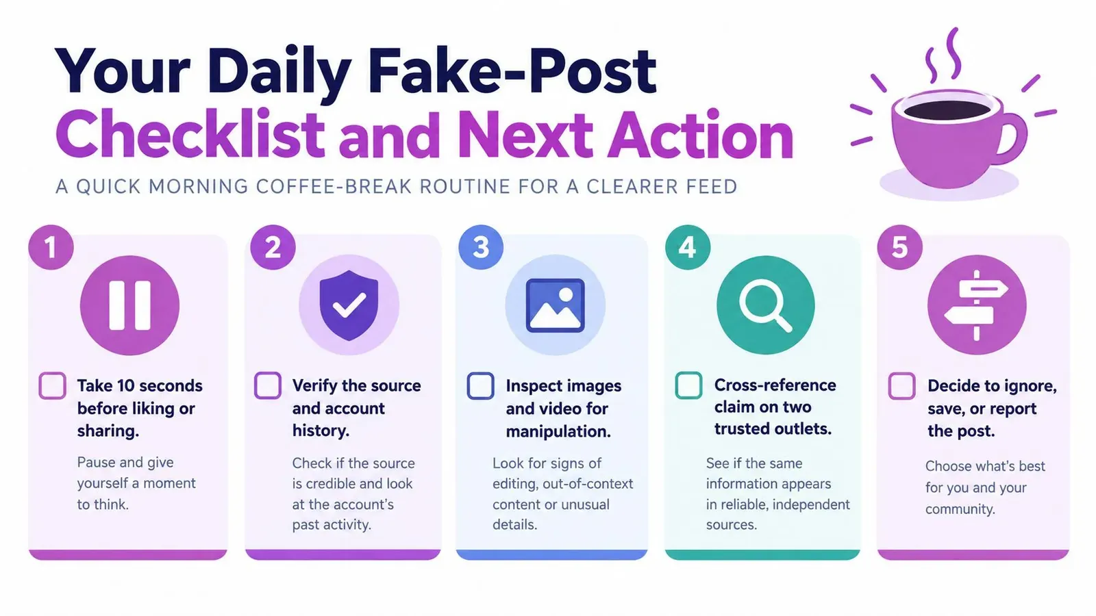 A five-step checklist illustrating a morning routine for identifying and handling fake social media posts effectively.